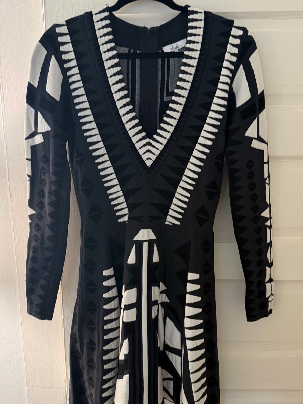 Parker Black and White Geometric V-Neck Long Sleeve Dress